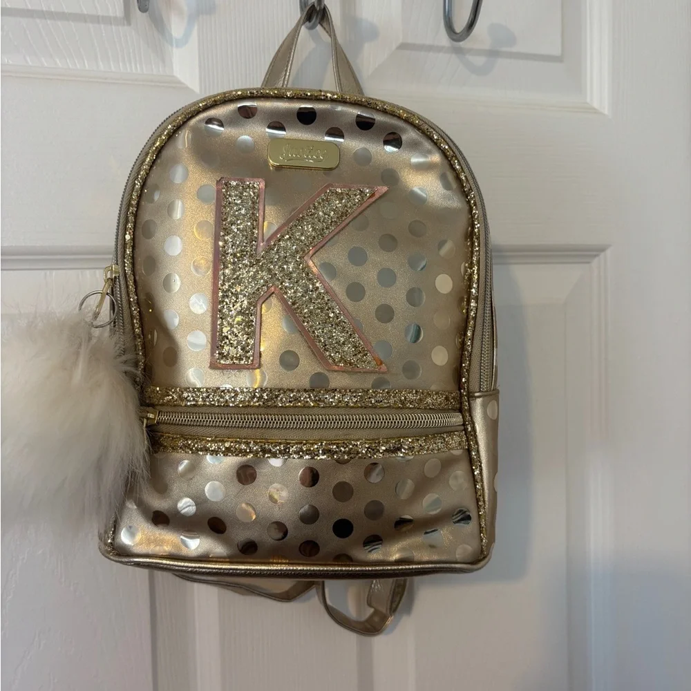 JUSTICE Mini Backpack Girls Golden‎ Dots Glitter Fancy School Travel K Monogram